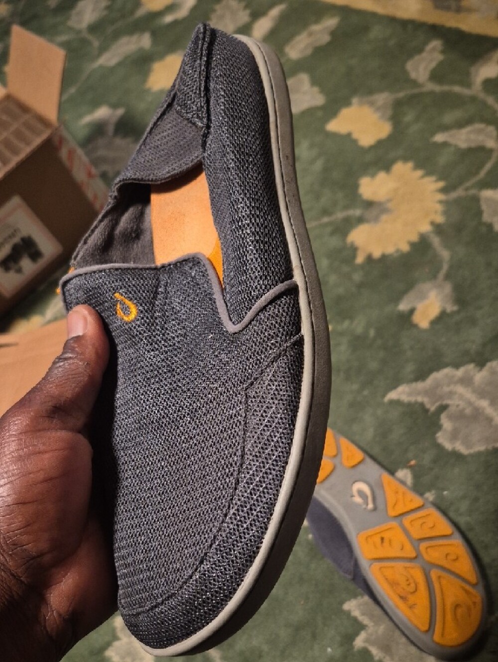 OluKai Men's Knit Slip-On Loafers in Charcoal with Orange Liner - Picture 3 of 10